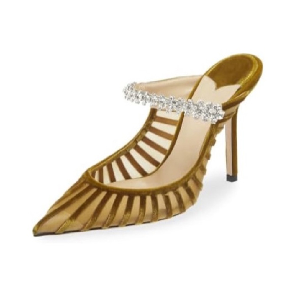 Faux Velvet Mustard Rhinestone Crystal Arch Heels Mules